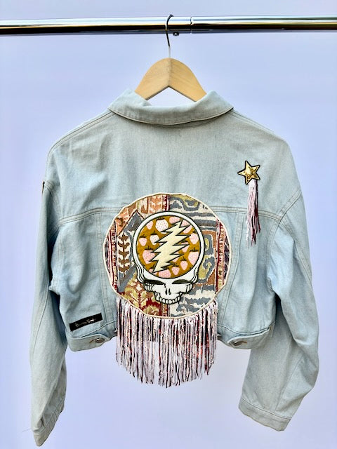 Grateful Dead Inspired Forever 21 Denim Jacket with Rainbow Striped Sleeves