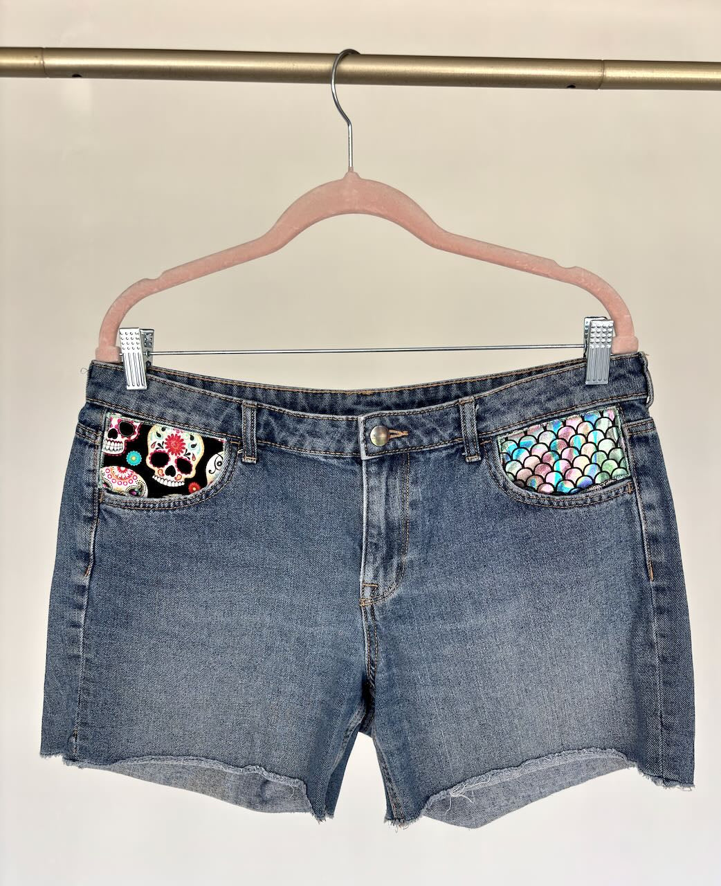 Sugar Skull & Mermaid Denim Shorts
